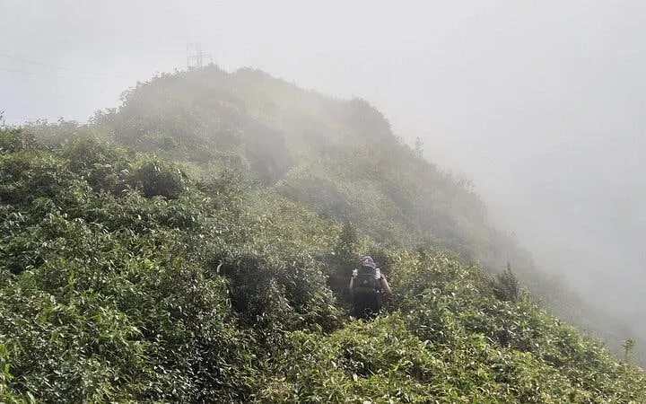 Trail runner on misty mountain path in Sapa, Vietnam during guided 21km tour.