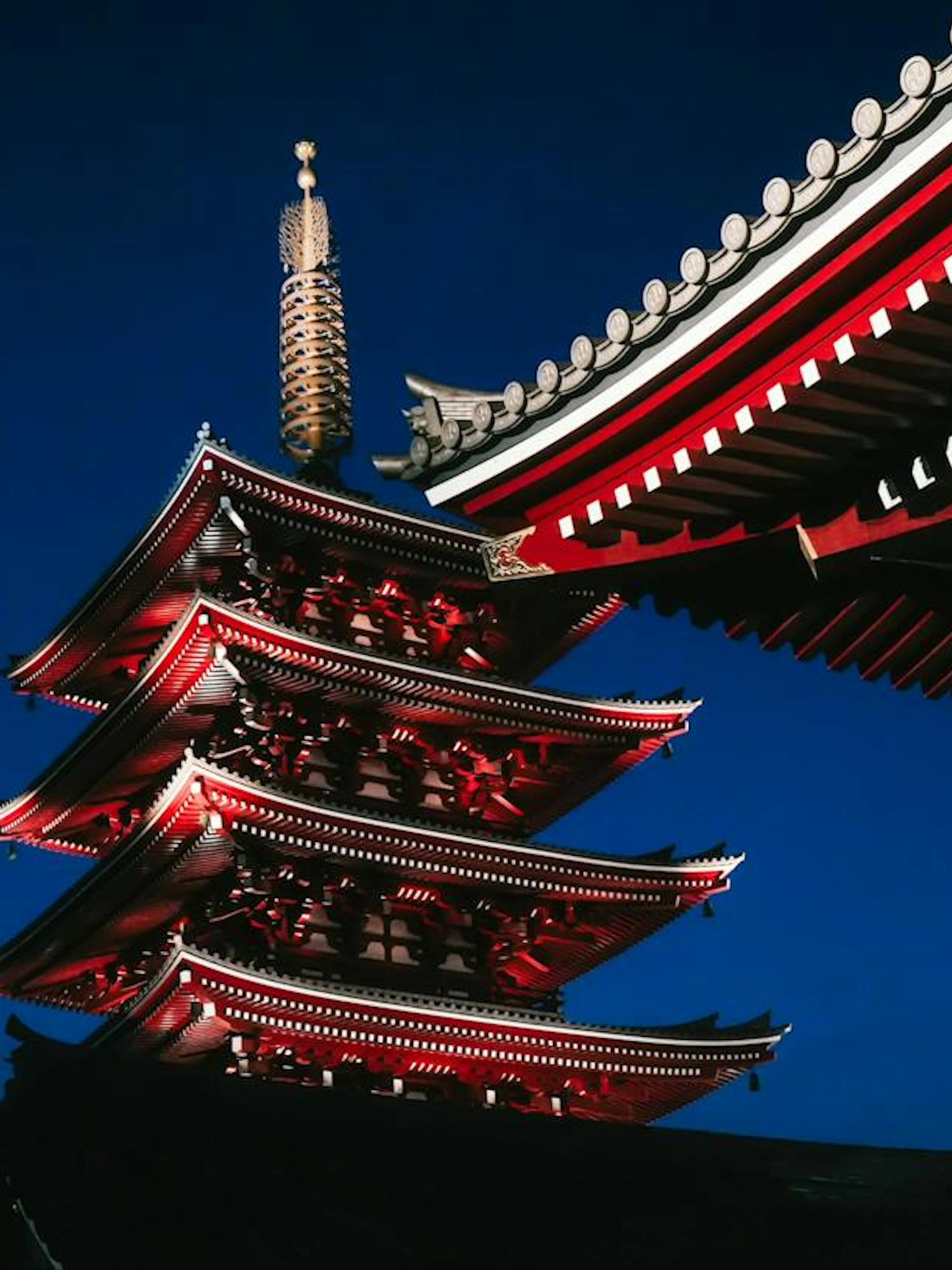 Pagoda and temple roof at Senso-ji, Asakusa, Tokyo during self-guided audio tour.