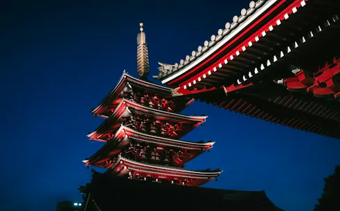 Pagoda and temple roof at Senso-ji, Asakusa, Tokyo during self-guided audio tour.