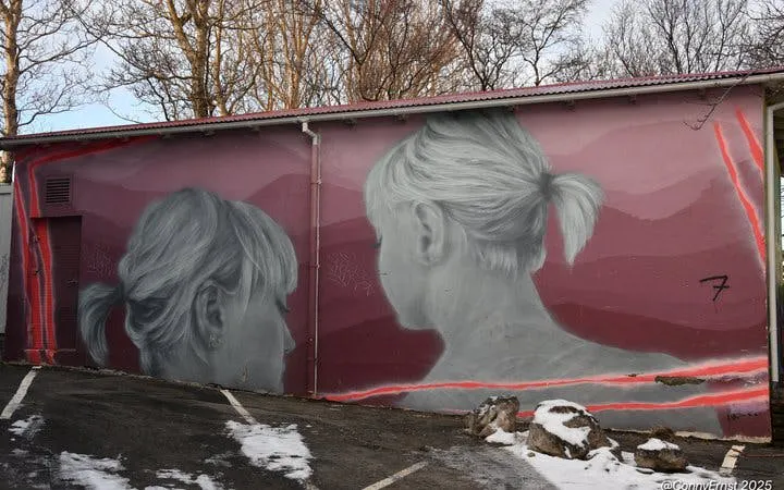 Reykjavik mural of two women on a building wall during a street art walking tour.