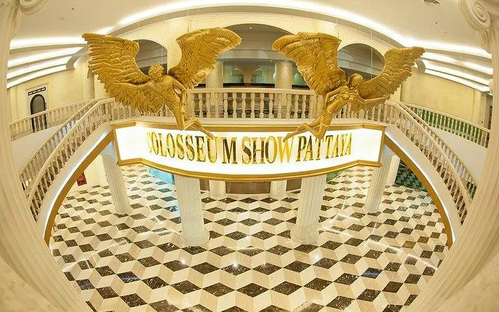Colosseum Show Pattaya entrance with golden statues, Pattaya.