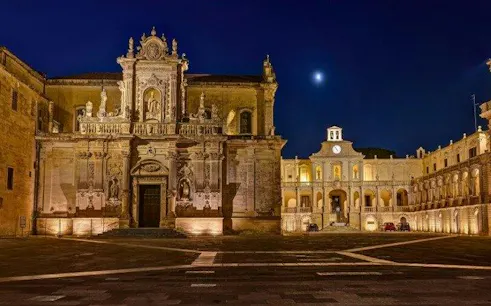 Lecce Cathedral illuminated at night during self-guided museum tour, Lecce.