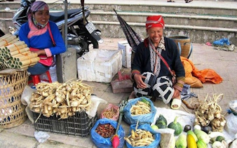 Local vendors selling fresh produce at a market in Sapa during a guided food tour.