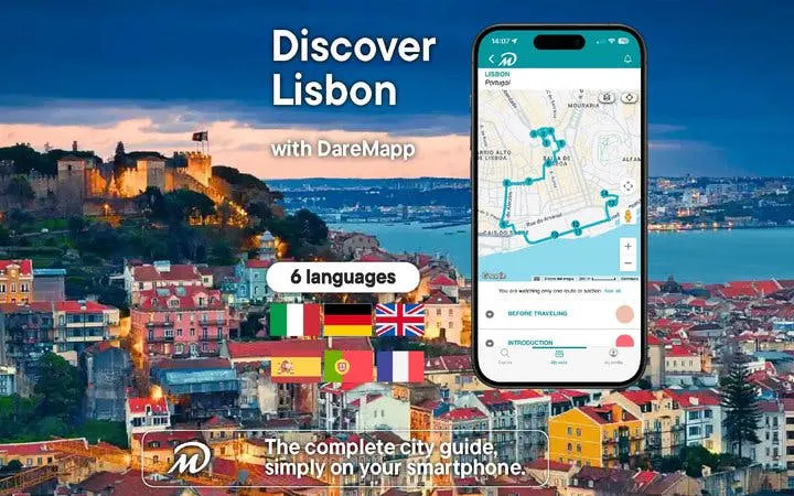 Lisbon cityscape with mobile app map for self-guided walking tour.