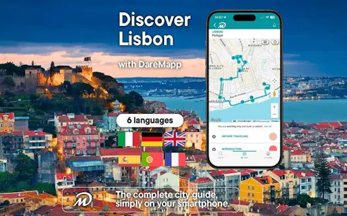 Lisbon cityscape with mobile app map for self-guided walking tour.