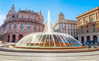 Piazza De Ferrari fountain in Genoa, Italy, featured on a self-guided walking tour app.
