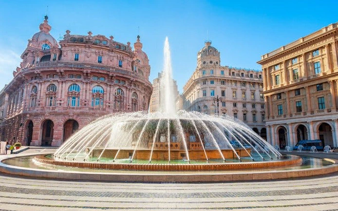 Piazza De Ferrari fountain in Genoa, Italy, featured on a self-guided walking tour app.