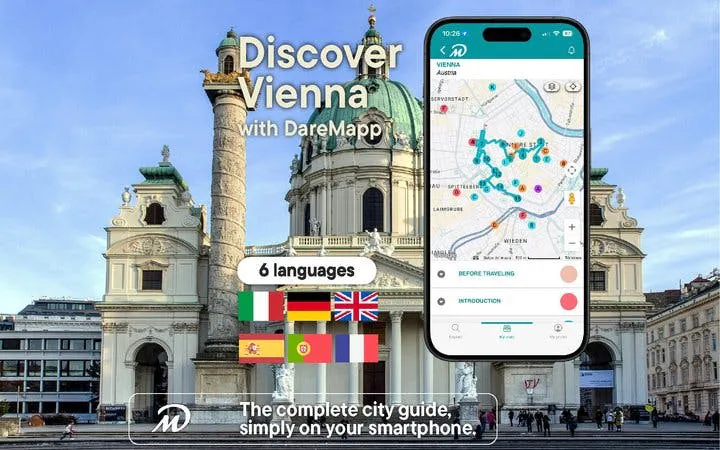 Vienna walking tour app displayed on smartphone with city map in front of historic building.