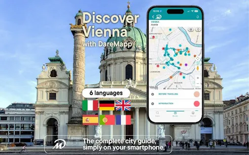 Vienna walking tour app displayed on smartphone with city map in front of historic building.