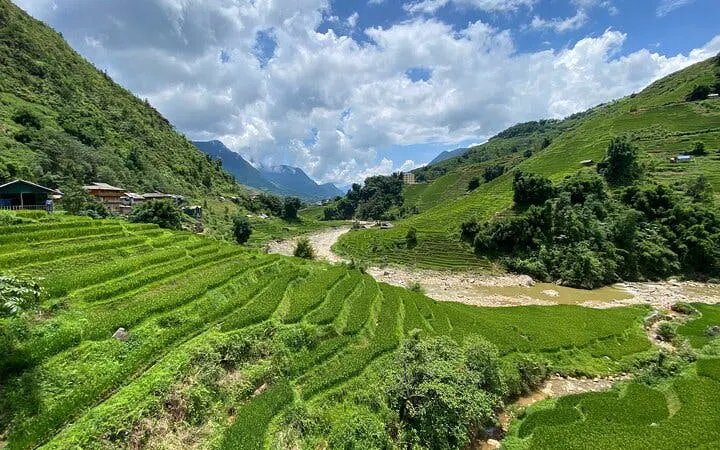 Rice terraces and river on Sapa trekking tour, Y Linh Ho, Lao Chai, Ta Van trails, Vietnam.