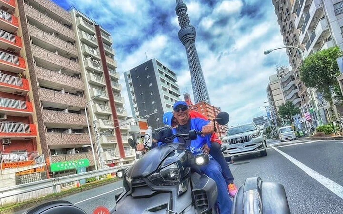 Can-am Ryker ride in Asakusa with Tokyo Skytree in the background.