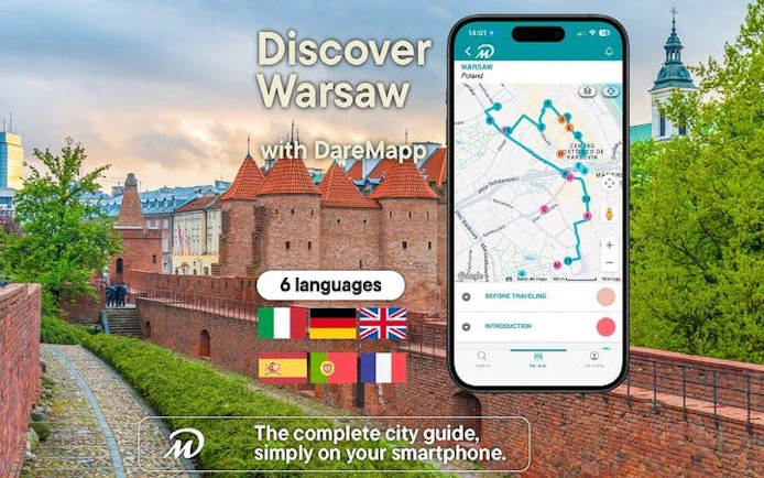 Warsaw Barbican with mobile app map for self-guided walking tour.