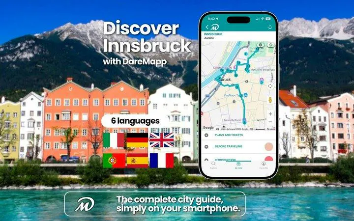 Mobile app displaying Innsbruck self-guided walking tour map with colorful buildings and mountains in background.