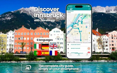 Mobile app displaying Innsbruck self-guided walking tour map with colorful buildings and mountains in background.