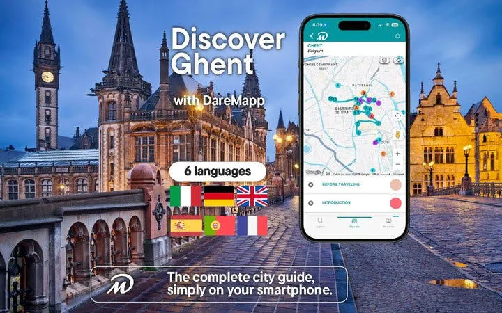Ghent cityscape with mobile app interface for self-guided walking tour.