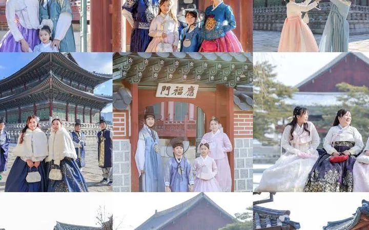 Visitors in traditional Hanbok attire at a Seoul palace during a professional photoshoot.