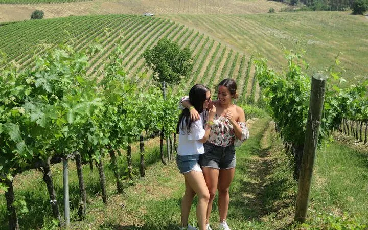 Two people walking through a Chianti vineyard in Tuscany during a Vespa tour.