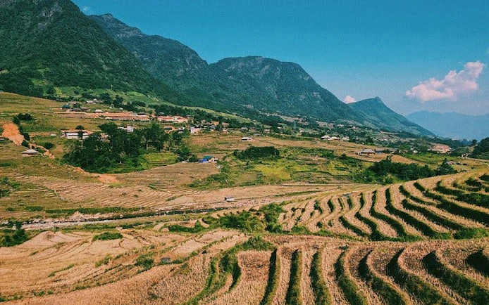 Terraced rice fields in Sapa with Ta Van Village and mountains in the background.