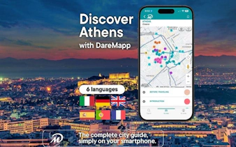 Athens cityscape with mobile app map for self-guided walking tour.