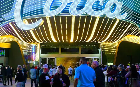 Crowd outside Circa Resort in Downtown Las Vegas during self-guided bar crawl.