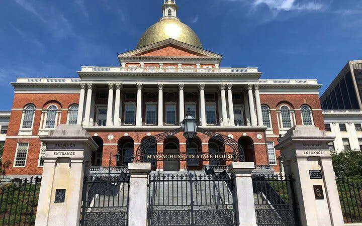 Massachusetts State House with golden dome in Boston, part of self-guided city exploration game.