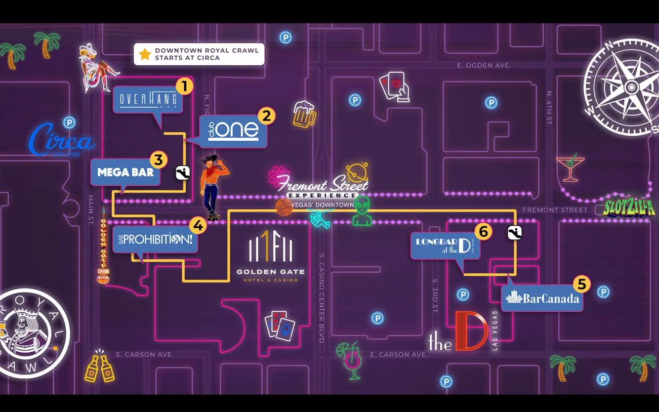 Downtown Las Vegas bar crawl map featuring five bars, poker game, and prize locations.