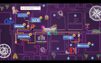 Downtown Las Vegas bar crawl map featuring five bars, poker game, and prize locations.