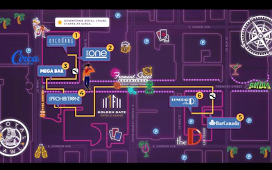 Downtown Las Vegas bar crawl map featuring five bars, poker game, and prize locations.