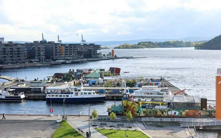 Oslo harbor view with boats and waterfront buildings during a walking tour.