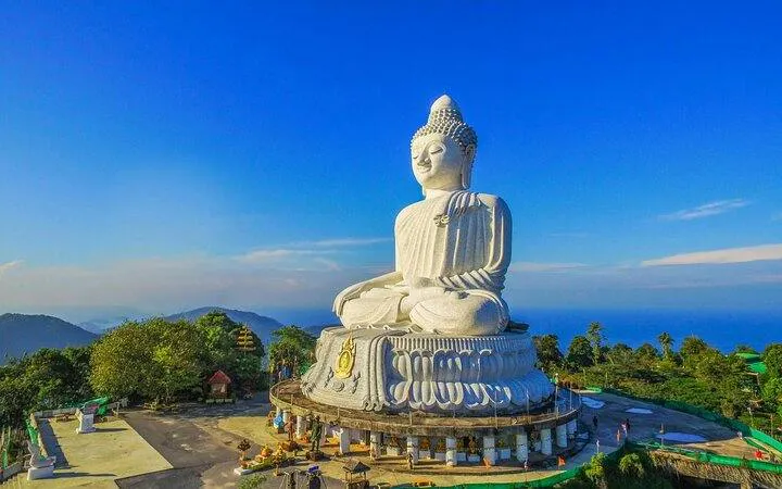 Big Buddha statue on hilltop with ocean view, Phuket Private Island Highlights Tour.