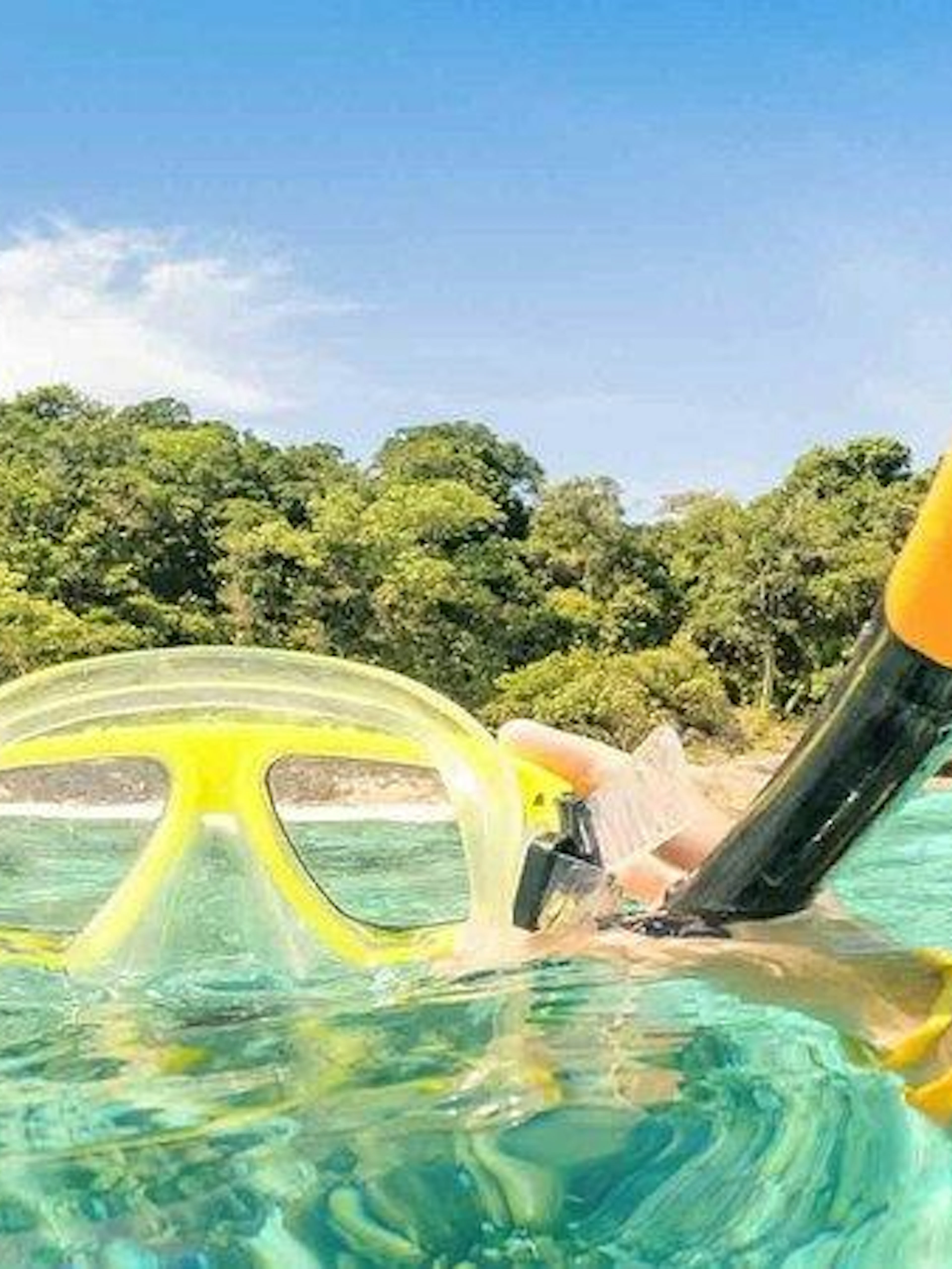 Snorkeling gear floating in clear water near lush greenery, Phi Phi Islands day trip, Phuket.