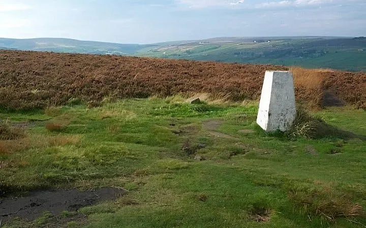 Haworth moorland view with stone marker, Yorkshire Moors, Brontë Country tour.