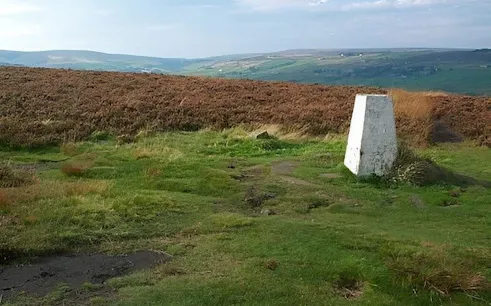 Haworth moorland view with stone marker, Yorkshire Moors, Brontë Country tour.
