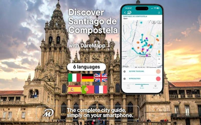 Santiago de Compostela Cathedral with mobile app interface for self-guided walking tour.