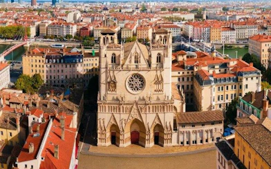 Lyon Cathedral aerial view on self-guided audio walking tour, Lyon.