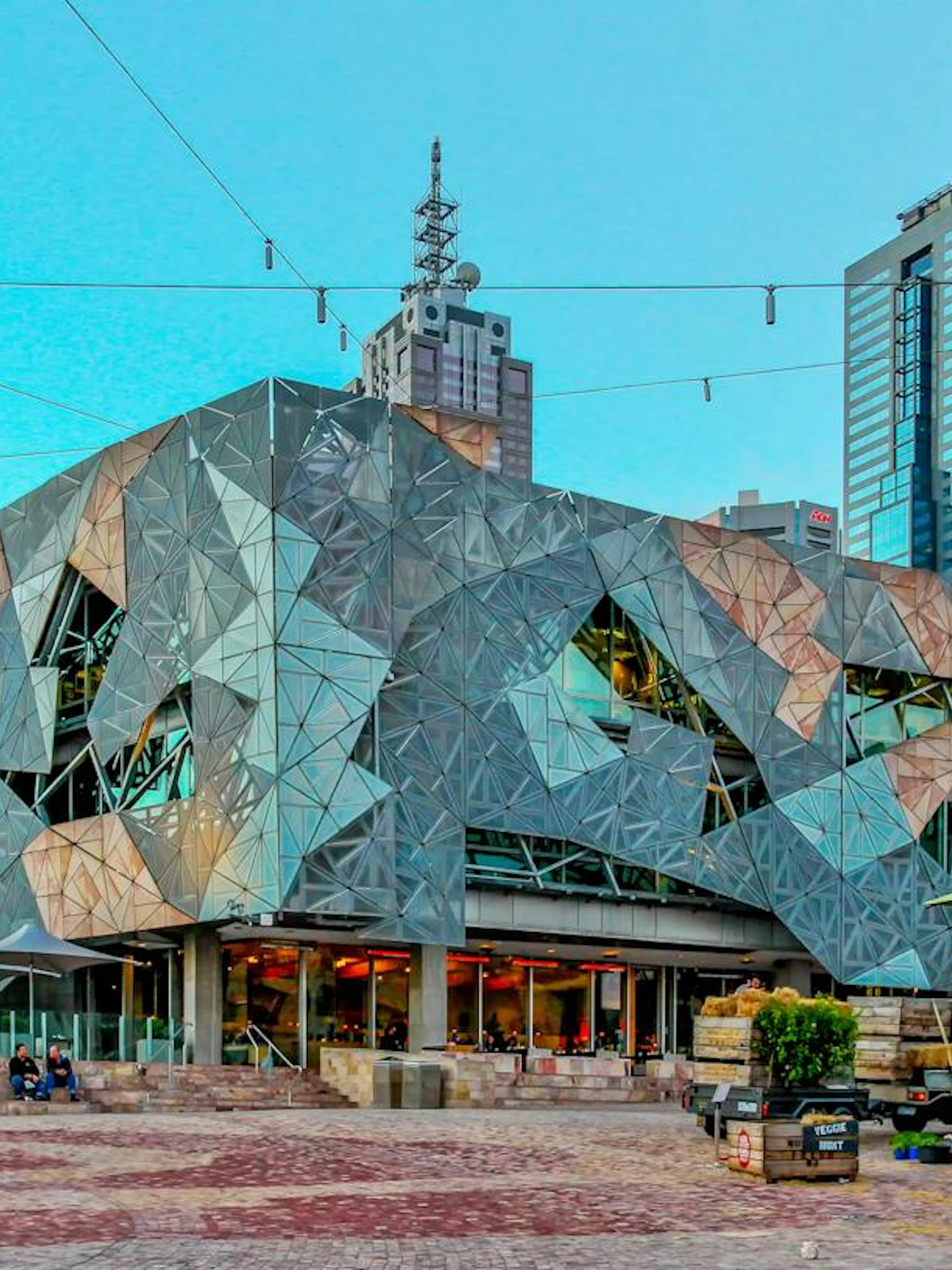 Federation Square with modern architecture in Melbourne, part of the self-guided audio walking tour.