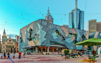 Federation Square with modern architecture in Melbourne, part of the self-guided audio walking tour.
