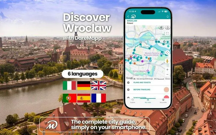 Wroclaw cityscape with smartphone displaying self-guided audio walking tour map.
