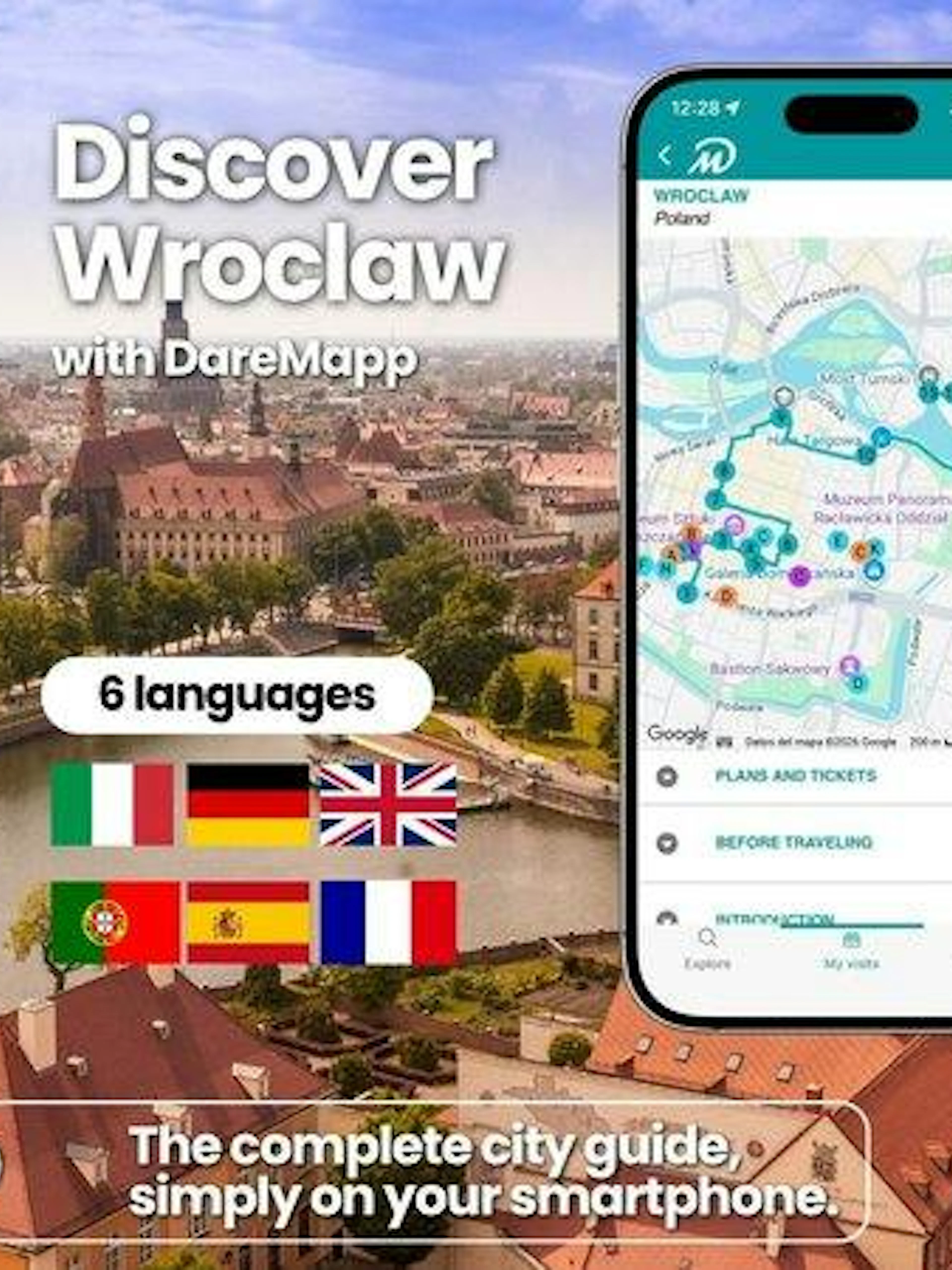 Wroclaw cityscape with smartphone displaying self-guided audio walking tour map.