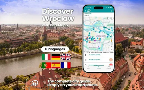Wroclaw cityscape with smartphone displaying self-guided audio walking tour map.