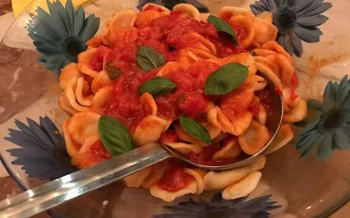 Orecchiette pasta with tomato sauce and basil in Lecce cooking class.