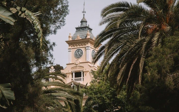 Malaga City Hall tower surrounded by palm trees on a sunny day.