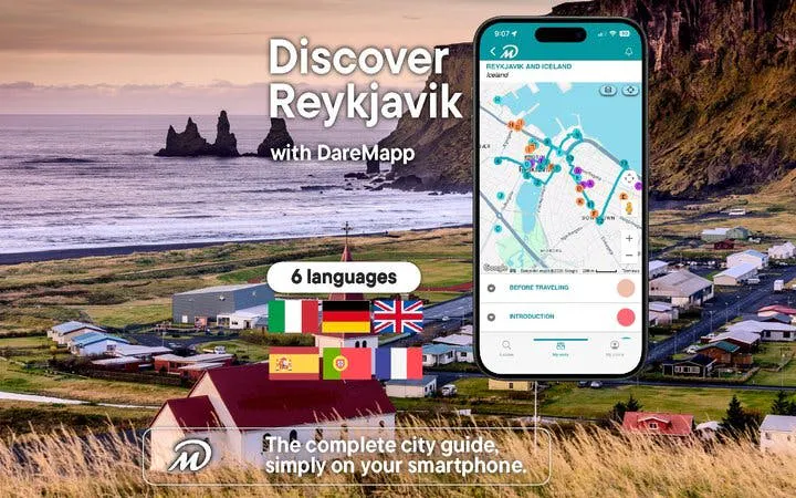 Reykjavik walking tour app displayed on smartphone with Icelandic landscape in background.