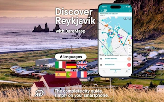 Reykjavik walking tour app displayed on smartphone with Icelandic landscape in background.