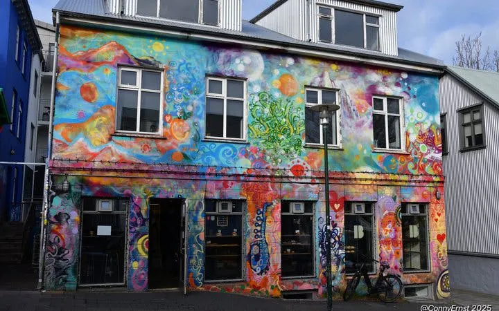 Colorful mural on a building in Reykjavik during a street art walking tour.