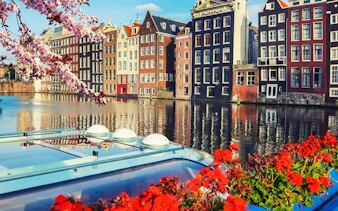 Canal view with traditional Amsterdam houses and flowers, part of a self-guided walking tour.