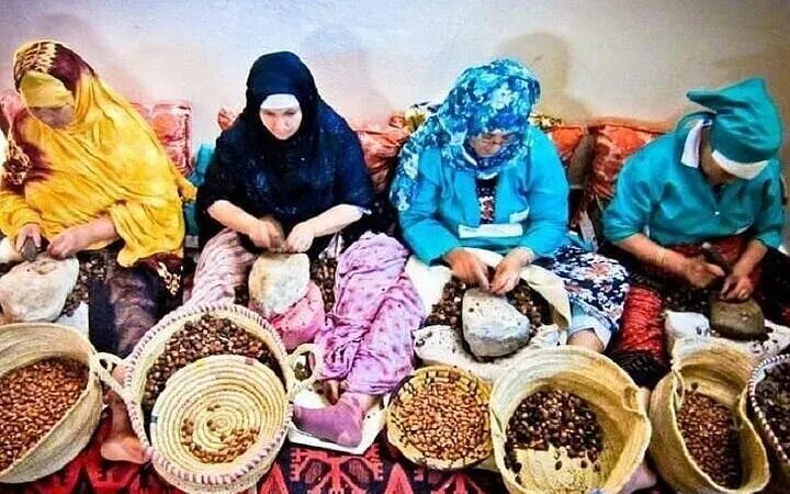 Women producing argan oil in Agadir during a private city tour, Marrakesh transfer.
