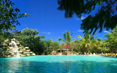 Waterfall pool surrounded by tropical trees in Punta Cana adventure tour.