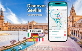 Seville Plaza de España with mobile app interface for self-guided walking tour.