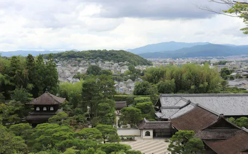 Kyoto Philosopher's Path view with Ginkaku-ji temple and lush greenery.